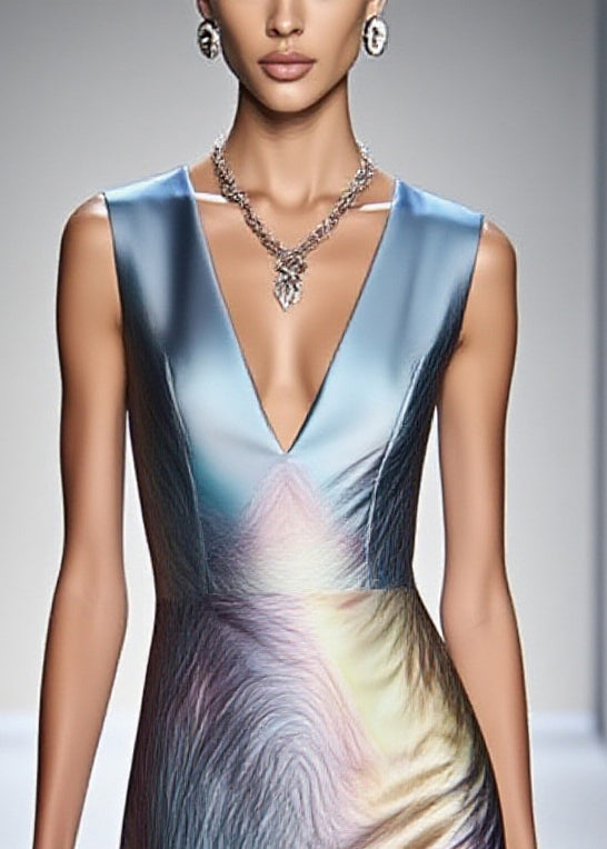 Fashion Gradient Blue V Neck Silm Fit Silk Tea Dress Sleeveless