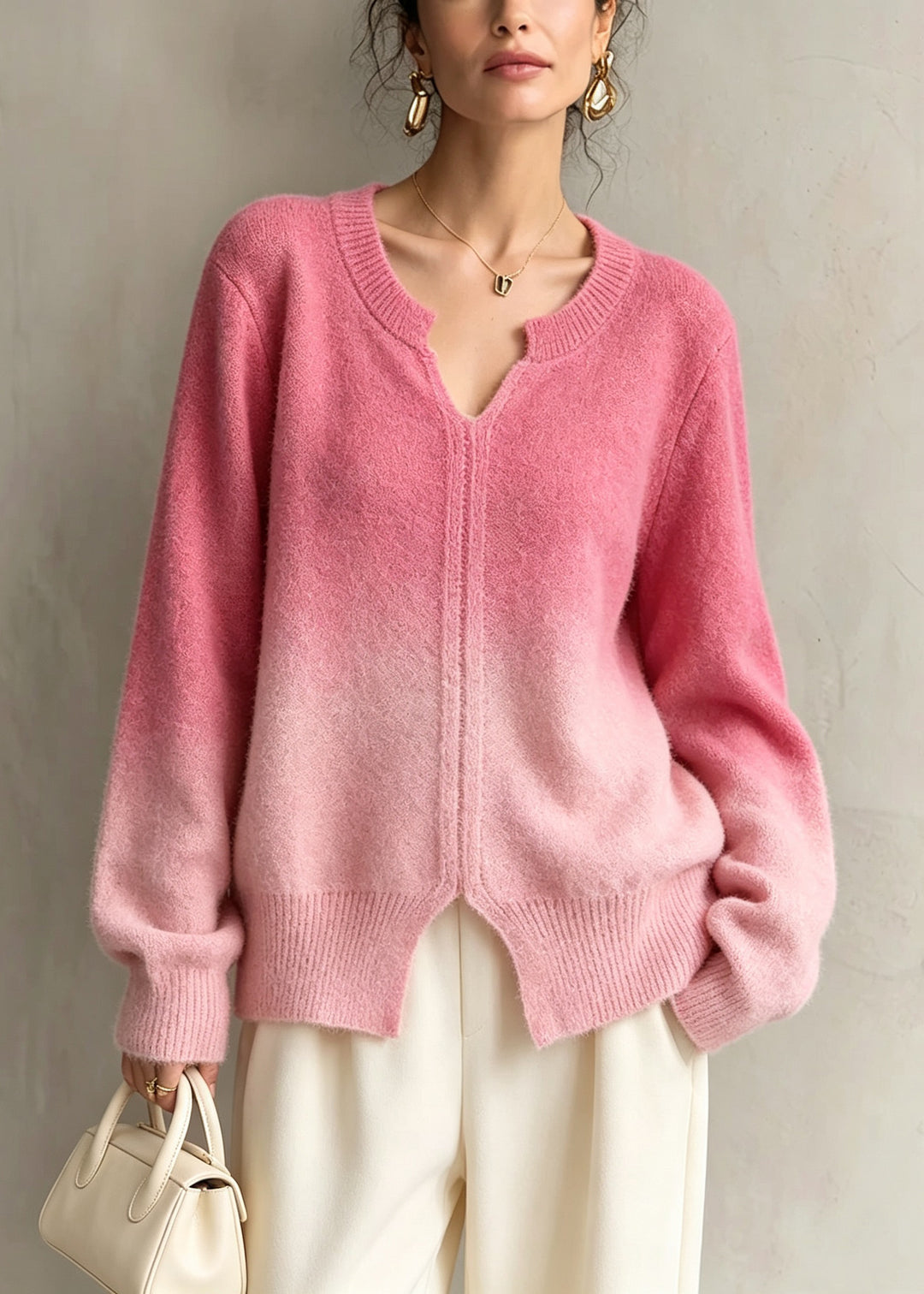 Fashion Gradient Color V Neck Thick Knit Sweaters Fall