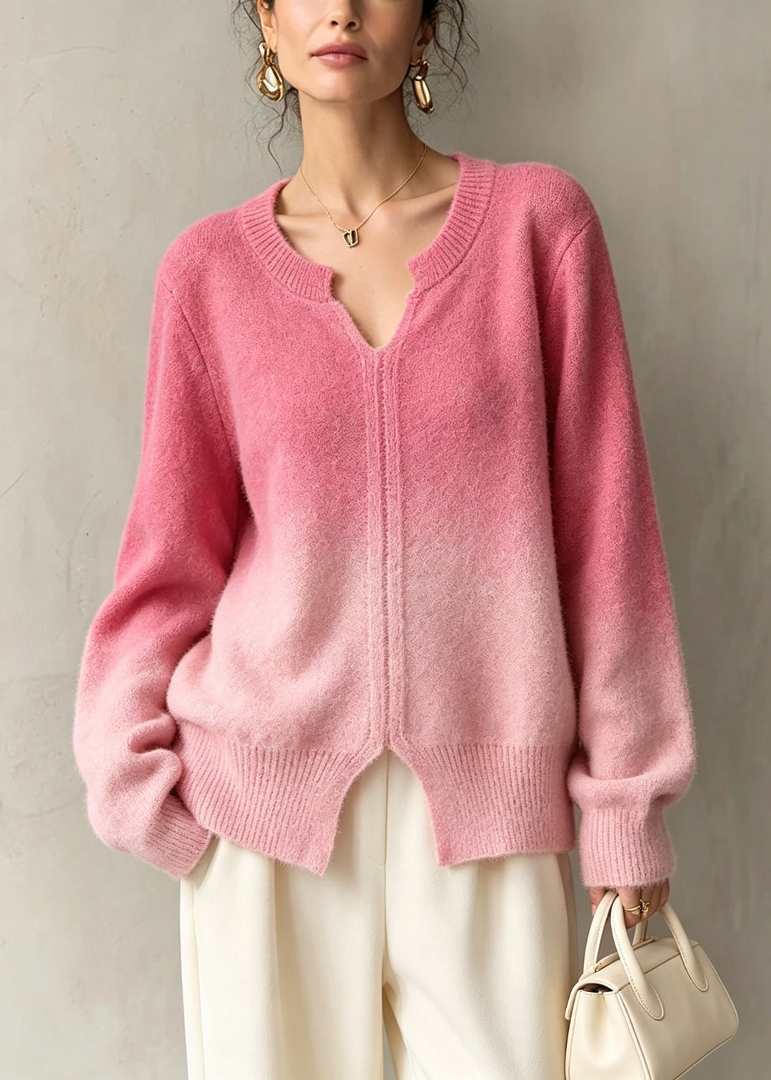Fashion Gradient Color V Neck Thick Knit Sweaters Fall