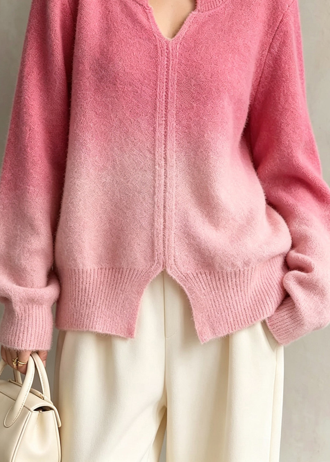 Fashion Gradient Color V Neck Thick Knit Sweaters Fall