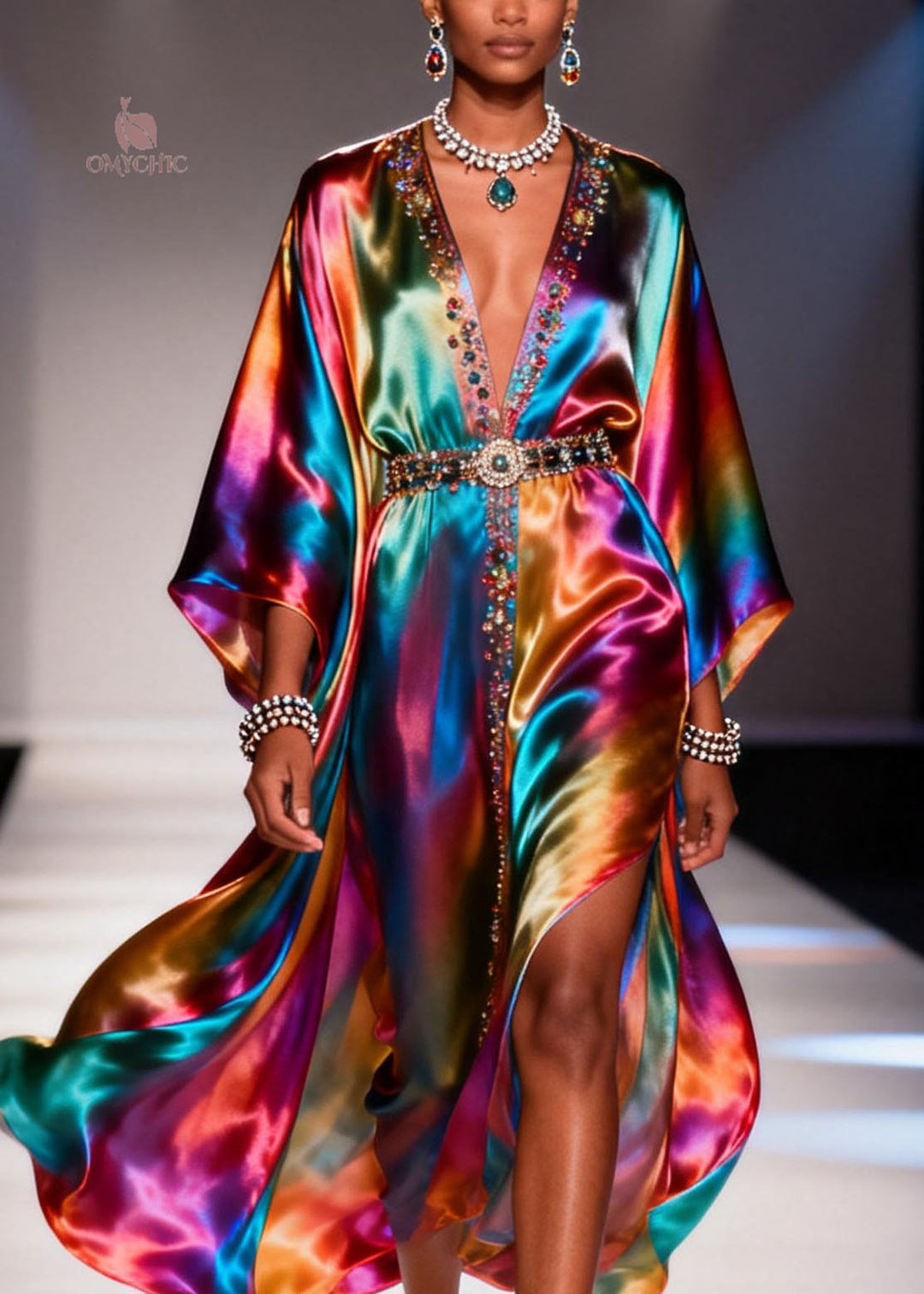 Fashion Gradient Color V Neck Zircon Chiffon Dress Summer