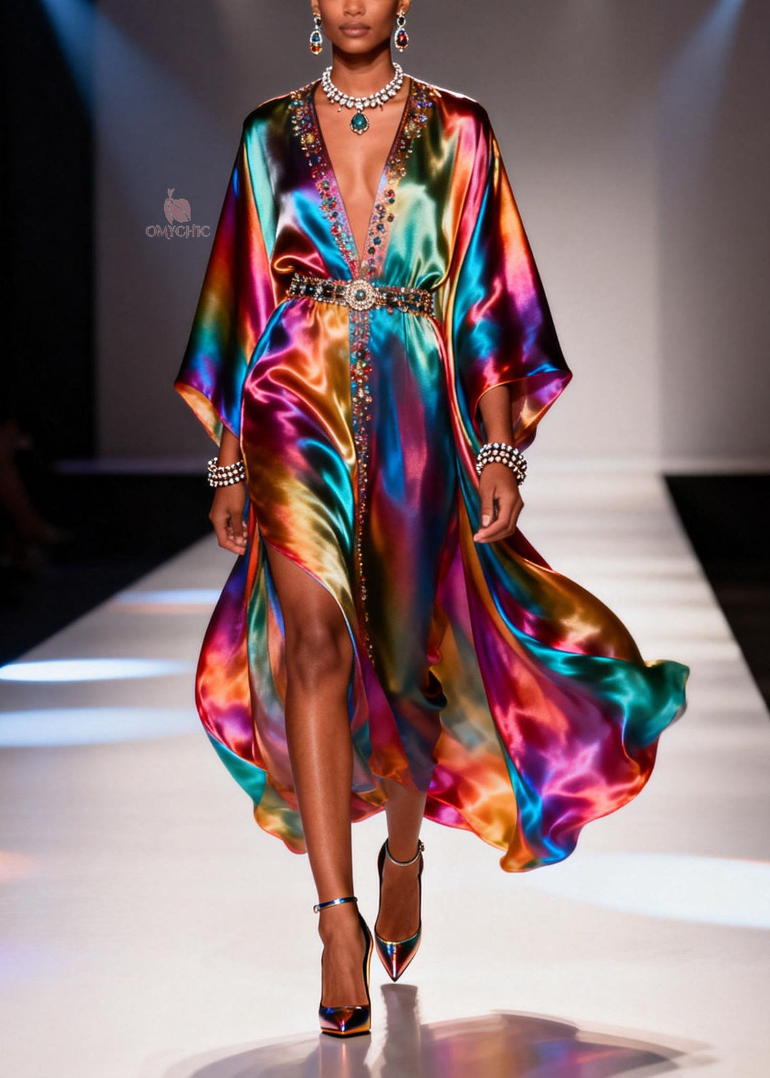 Fashion Gradient Color V Neck Zircon Chiffon Dress Summer