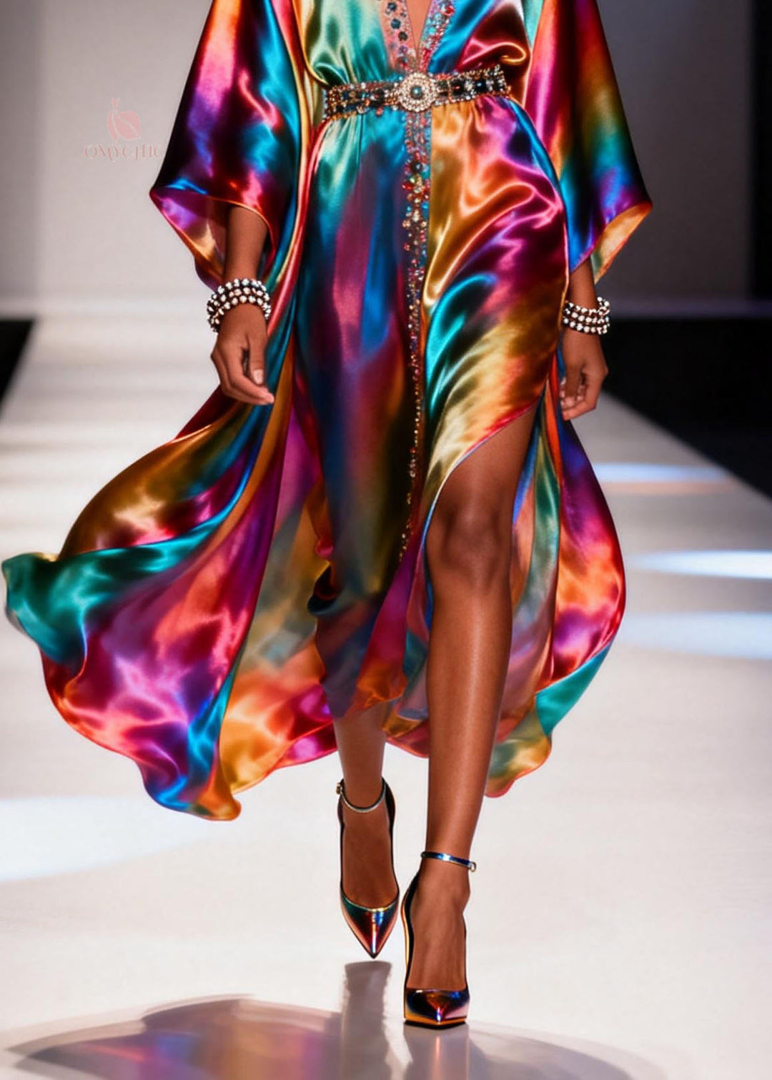Fashion Gradient Color V Neck Zircon Chiffon Dress Summer
