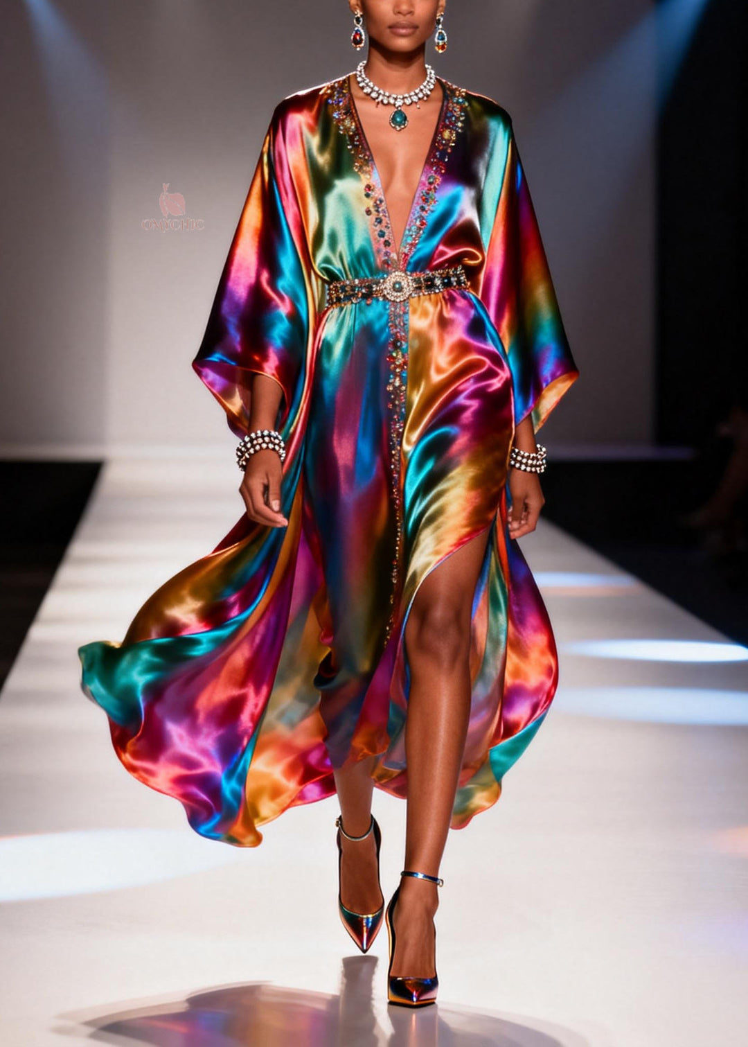 Fashion Gradient Color V Neck Zircon Chiffon Dress Summer