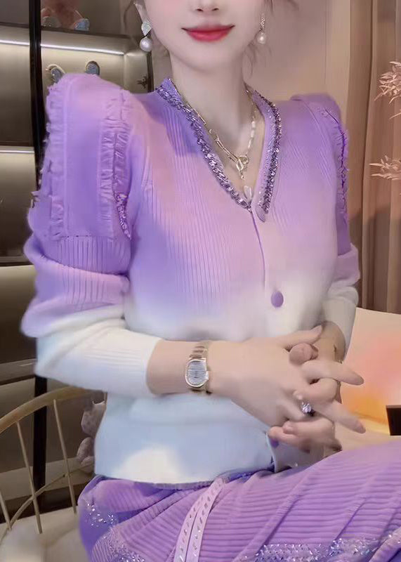 Fashion Gradient Color V Neck Zircon Knit Cardigans Fall