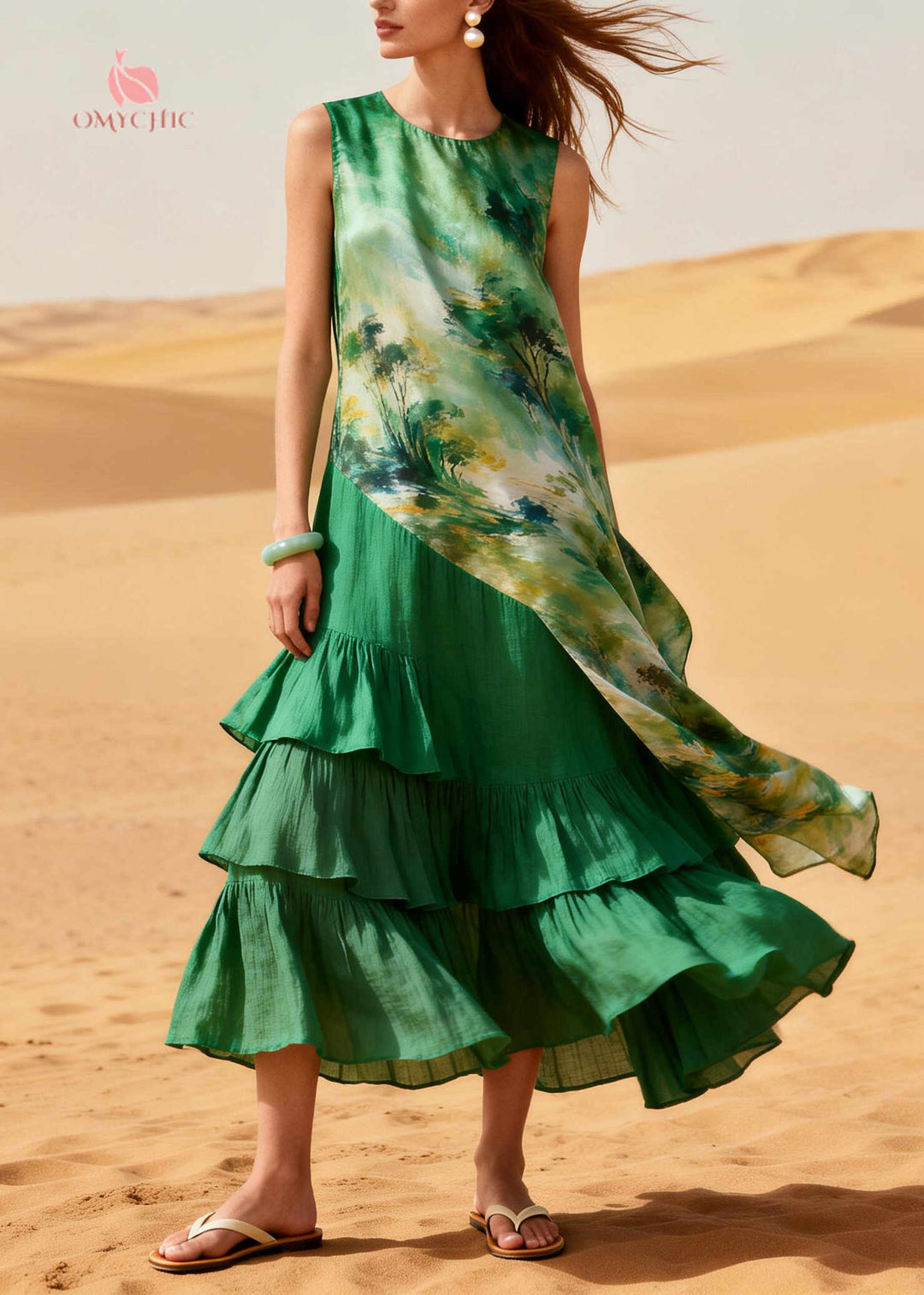 Fashion Green Asymmetrical Patchwork Ruffles Chiffon Ankle Dress Summer