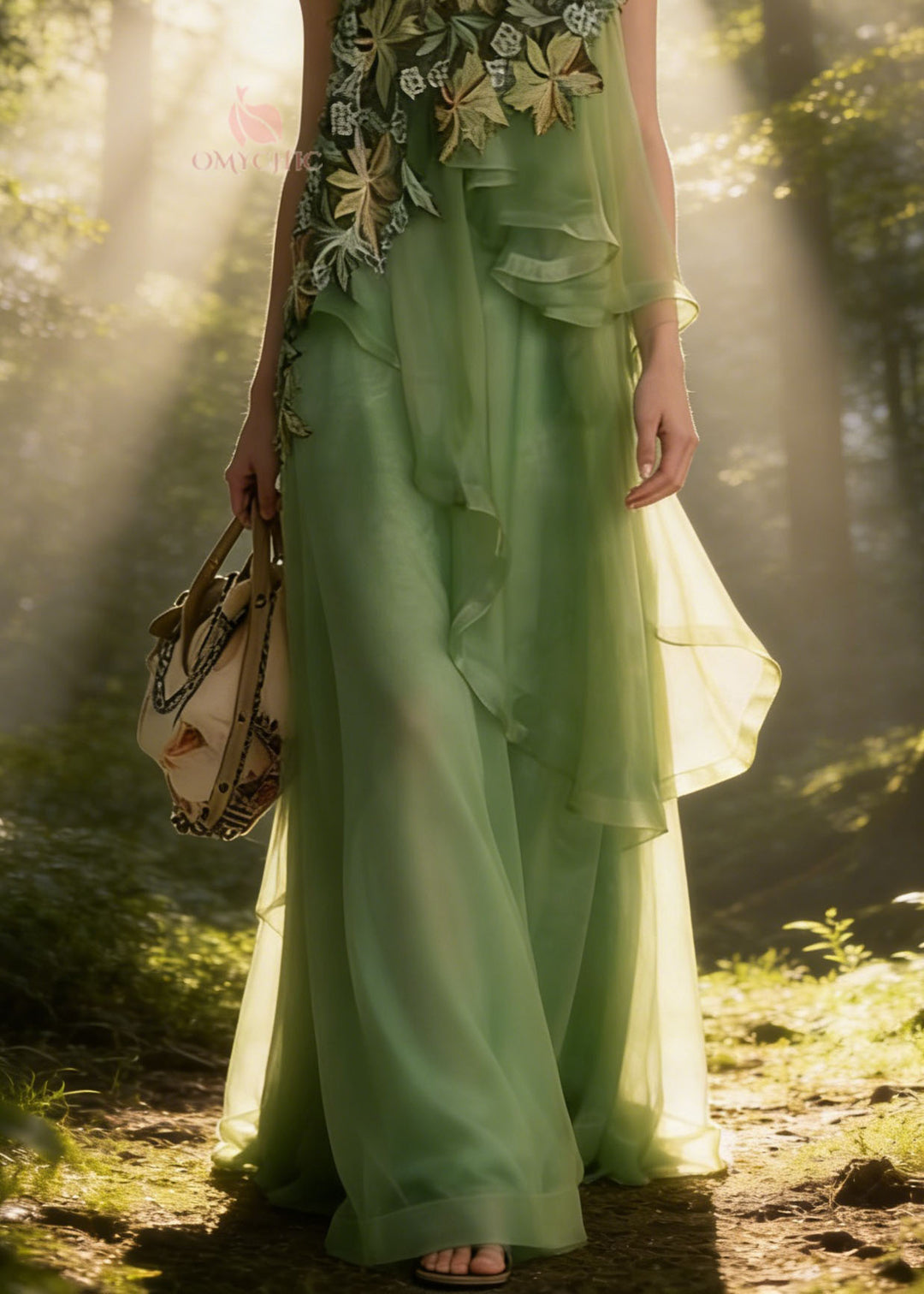 Fashion Green Asymmetrical Patchwork Tulle Spaghetti Strap Dress Summer