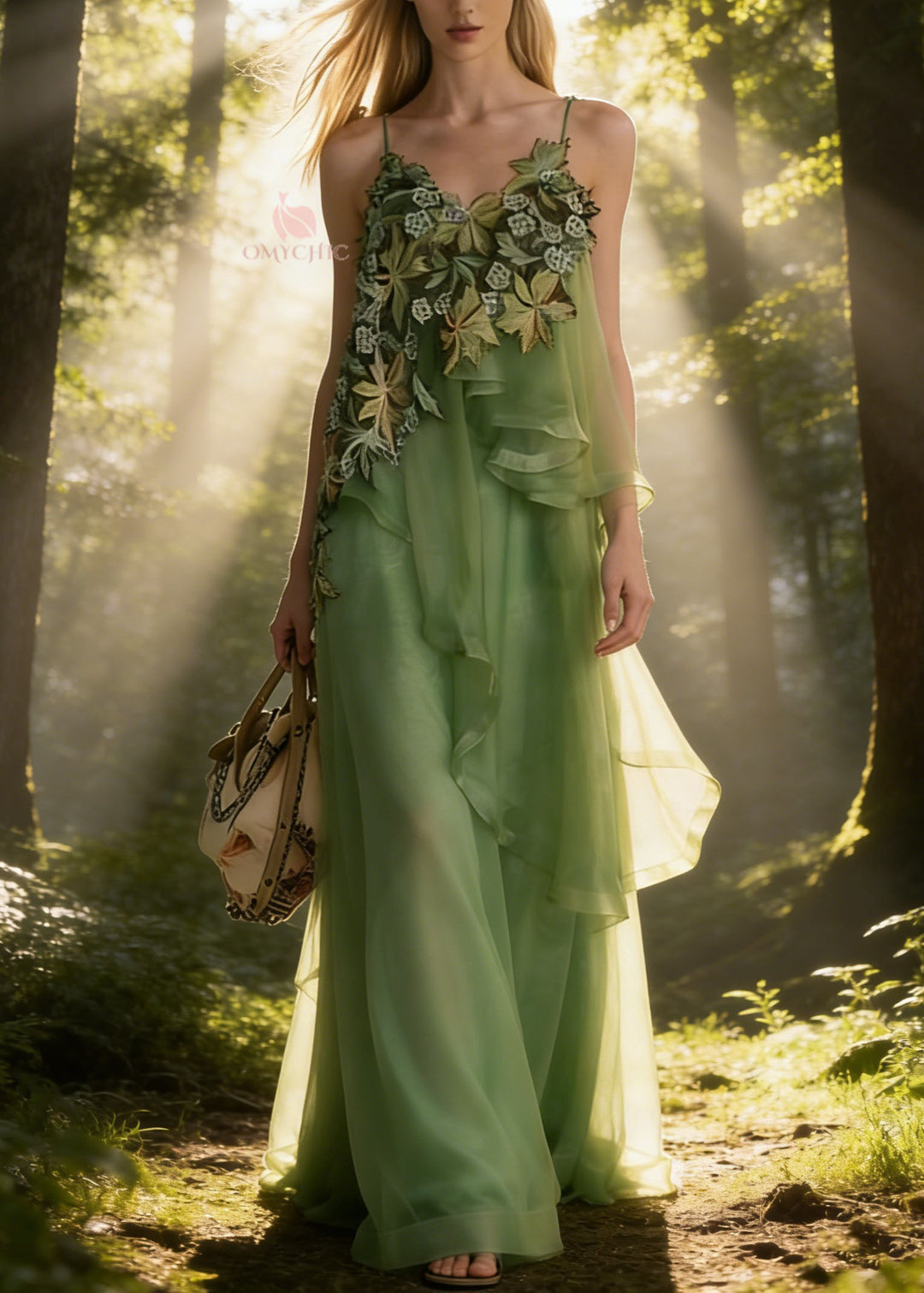 Fashion Green Asymmetrical Patchwork Tulle Spaghetti Strap Dress Summer