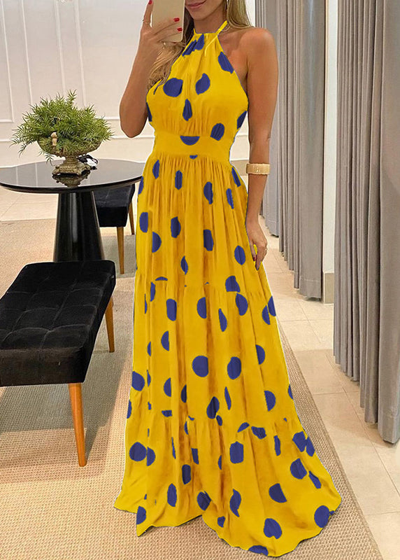 Fashion Green Dot Print Halter Backless Maxi Dress Sleeveless