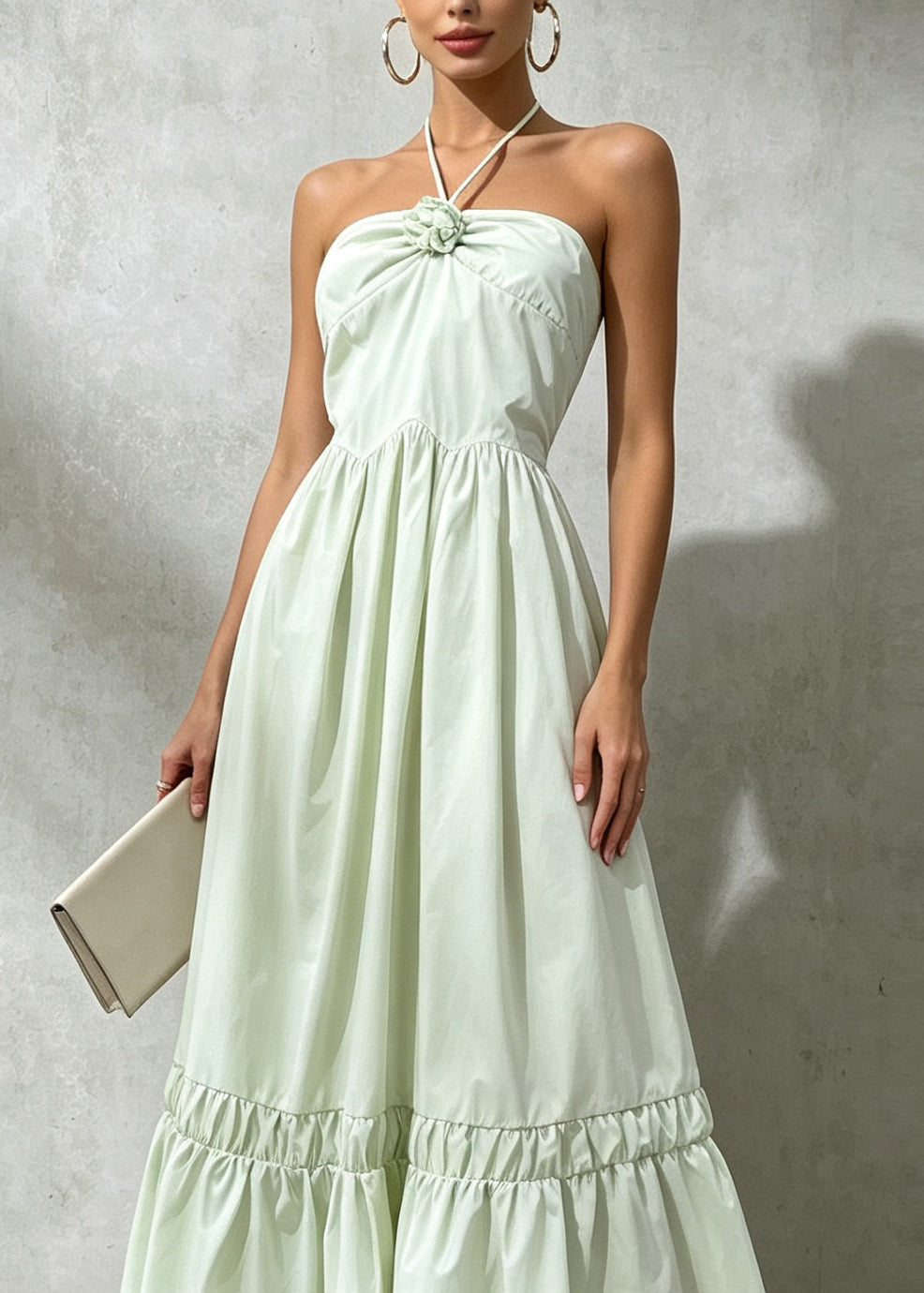 Fashion Green Floral Patchwork Cotton Halter Maxi Dresses Sleeveless