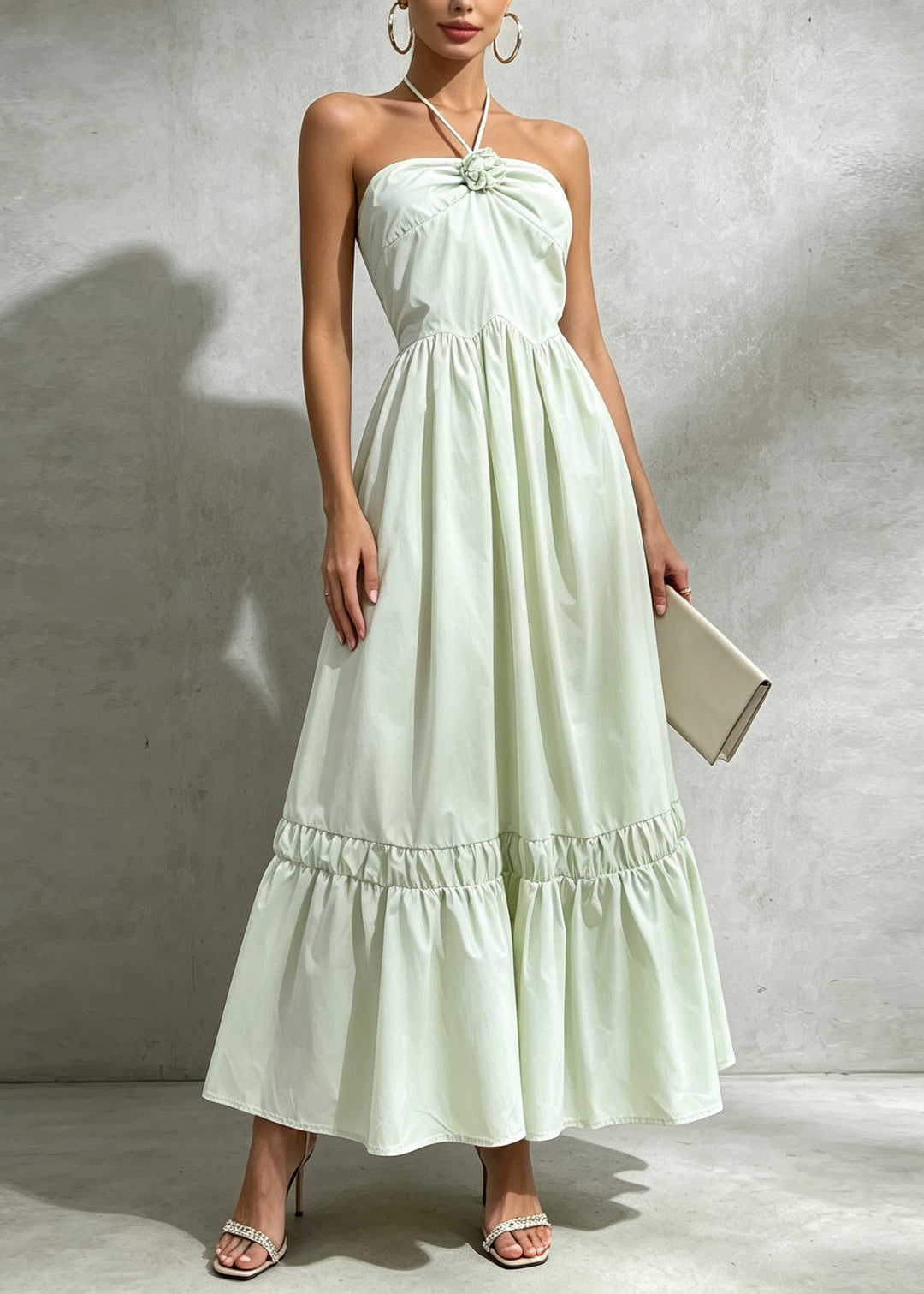 Fashion Green Floral Patchwork Cotton Halter Maxi Dresses Sleeveless
