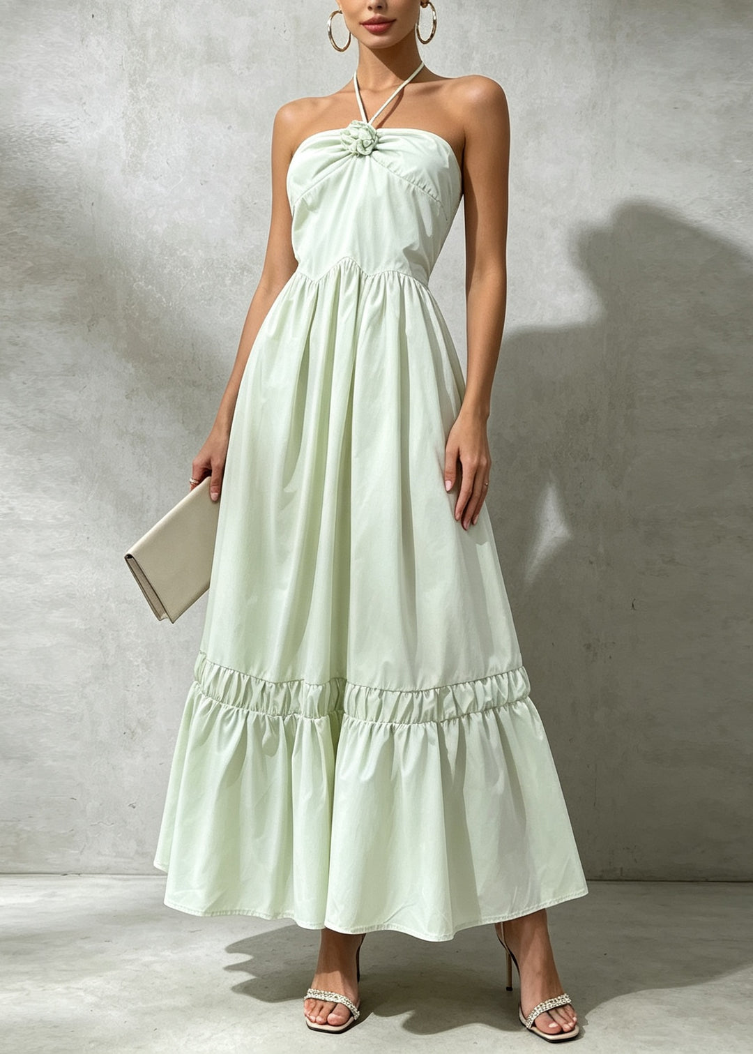 Fashion Green Floral Patchwork Cotton Halter Maxi Dresses Sleeveless