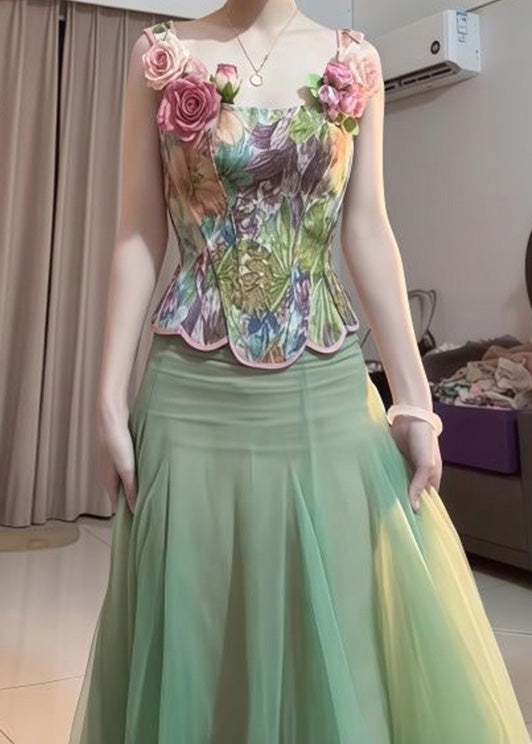 Fashion Green Floral Tops And Skirts Tulle Two Pieces Set Summer