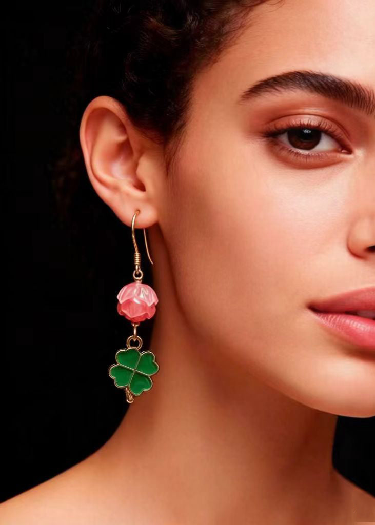 Fashion Green Four Leaf Clover Gilding Drop Earrings