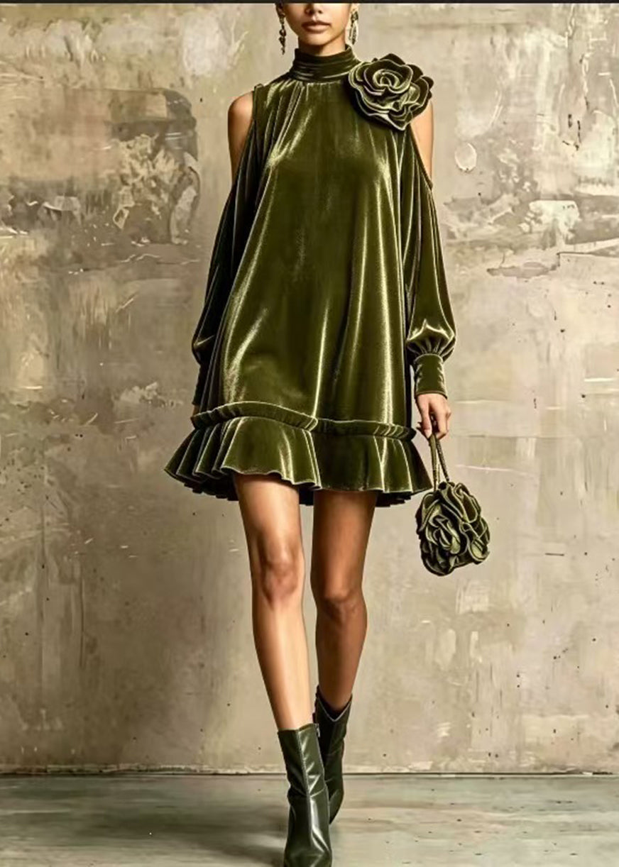 Fashion Green Hign Neck Cold Shoulder Stereoscopic Floral Velvet Dress Fall
