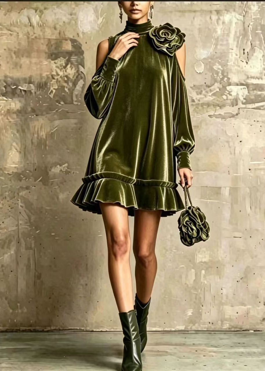 Fashion Green Hign Neck Cold Shoulder Stereoscopic Floral Velvet Dress Fall