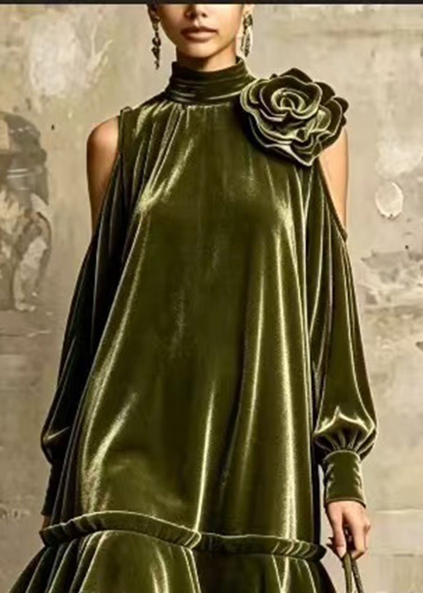 Fashion Green Hign Neck Cold Shoulder Stereoscopic Floral Velvet Dress Fall