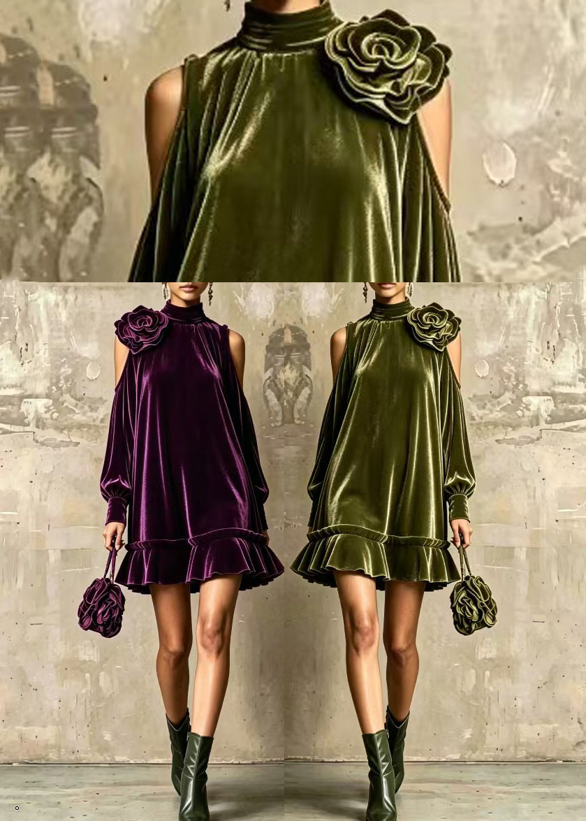 Fashion Green Hign Neck Cold Shoulder Stereoscopic Floral Velvet Dress Fall