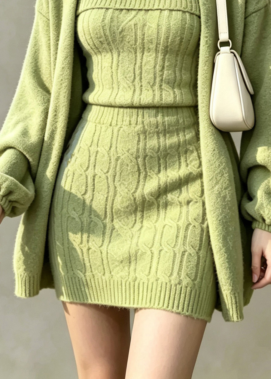 Fashion Green Knit Cardigan And Cami Dress Two Pieces Set Fall