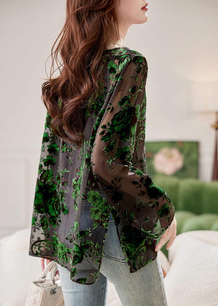 Fashion Green O-Neck Floral Chiffon Shirts Spring