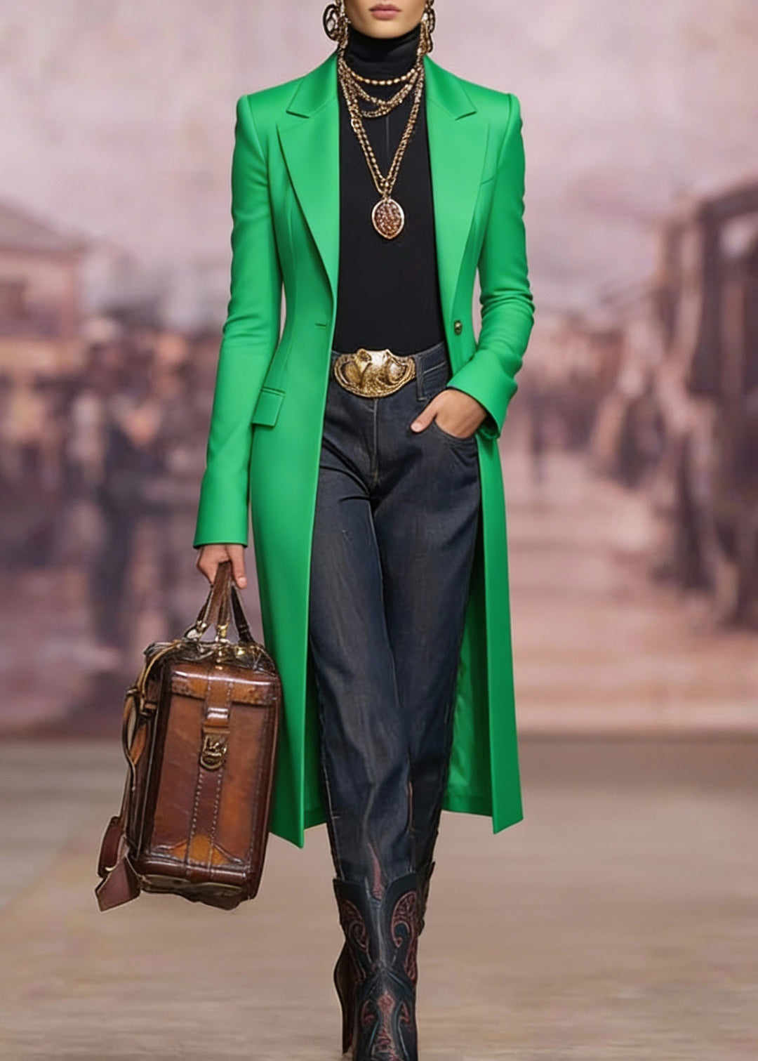 Fashion Green Peter Pan Collar Pockets Cotton Suit Coat Spring