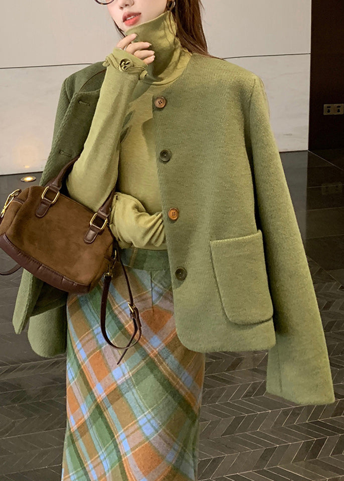 Fashion Green Pockets Woolen Coats ,Top And Long Dress Three Piece Set Long Sleeve