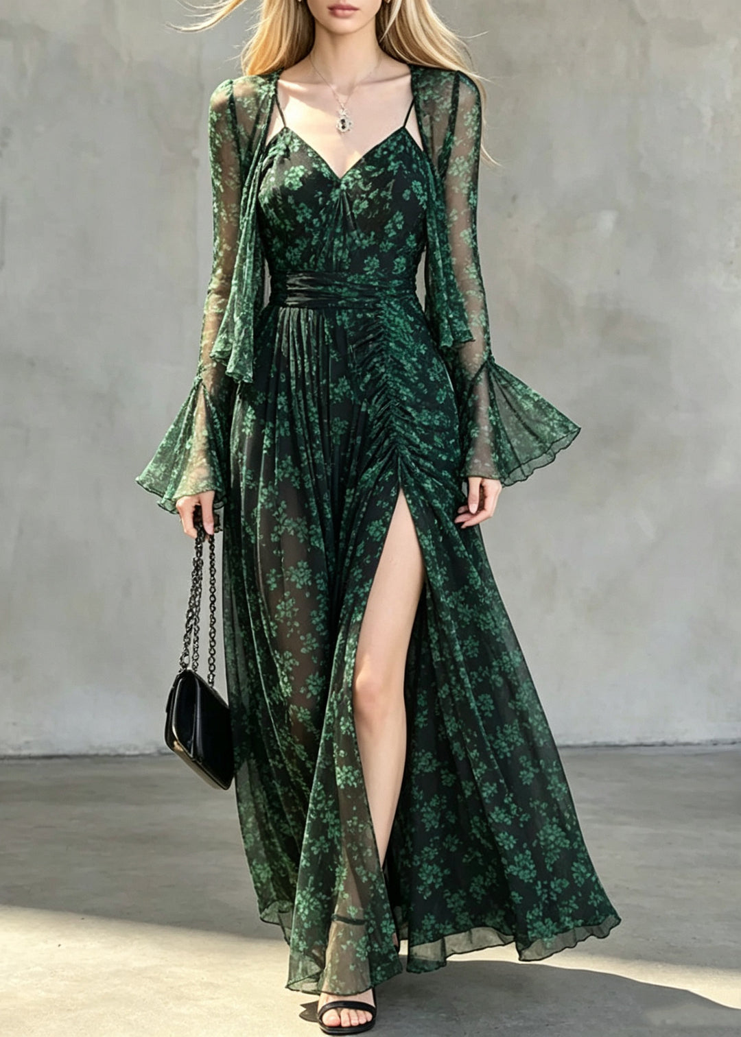 Fashion Green Print Chiffon Cardigans And Long Spaghetti Strap Dress Two Pieces Set Flare Sleeve