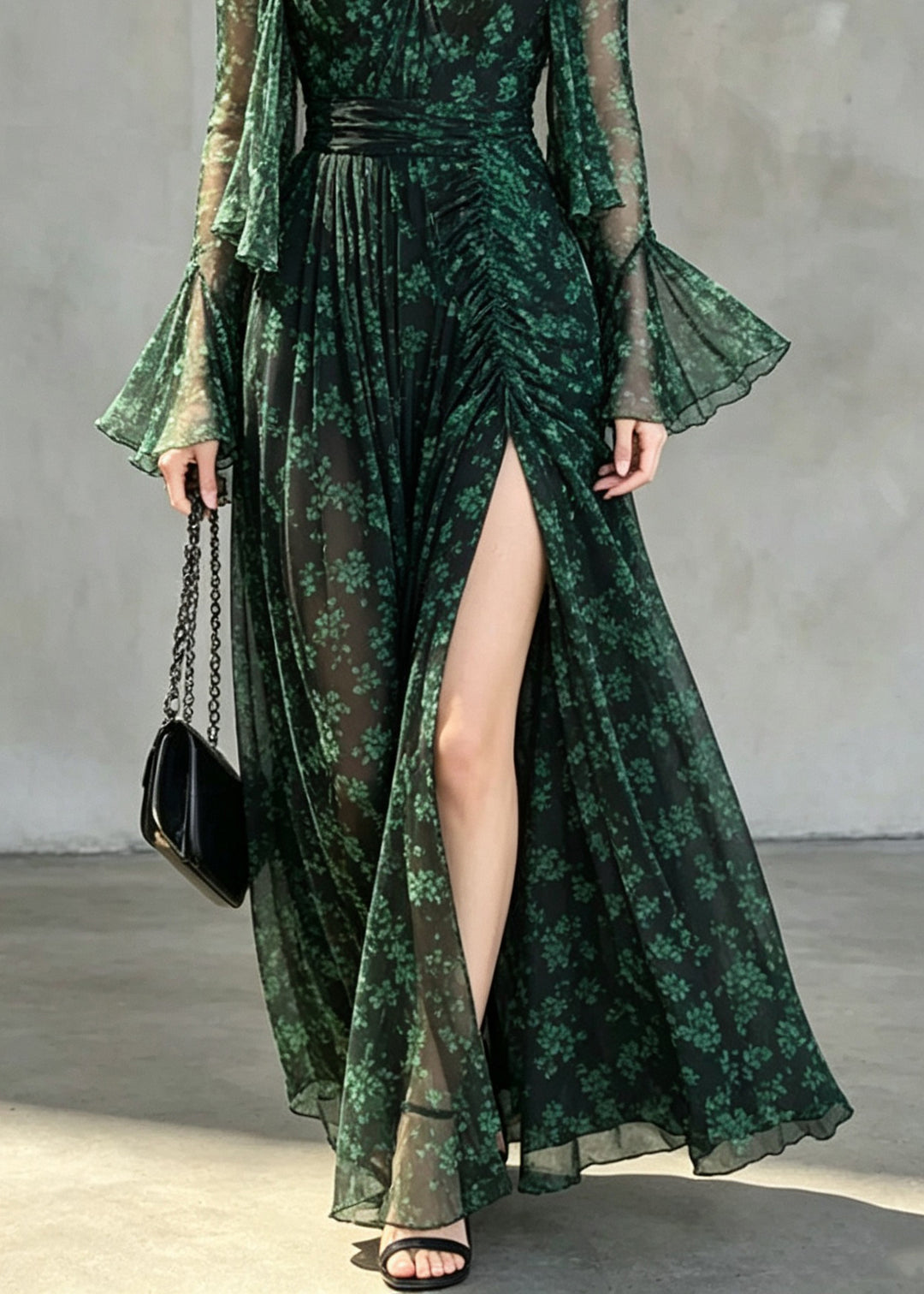 Fashion Green Print Chiffon Cardigans And Long Spaghetti Strap Dress Two Pieces Set Flare Sleeve