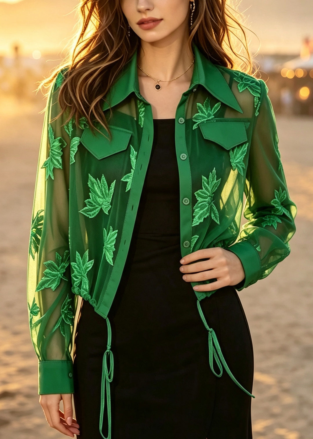 Fashion Green Print Drawstring Chiffon UPF 50+ Shirt Tops Summer