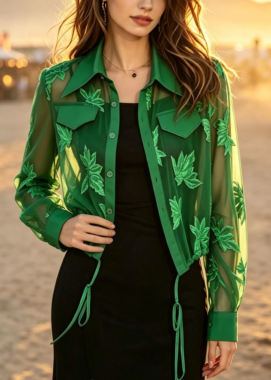 Fashion Green Print Drawstring Chiffon UPF 50+ Shirt Tops Summer