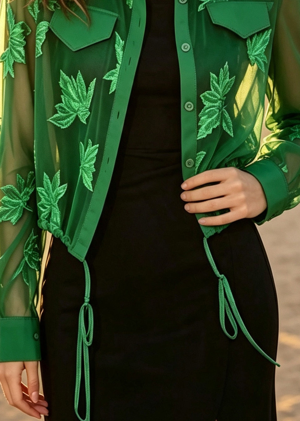 Fashion Green Print Drawstring Chiffon UPF 50+ Shirt Tops Summer