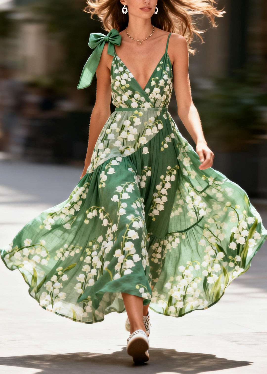 Fashion Green Print Exra Large Hem Cotton Cami Dress Summer