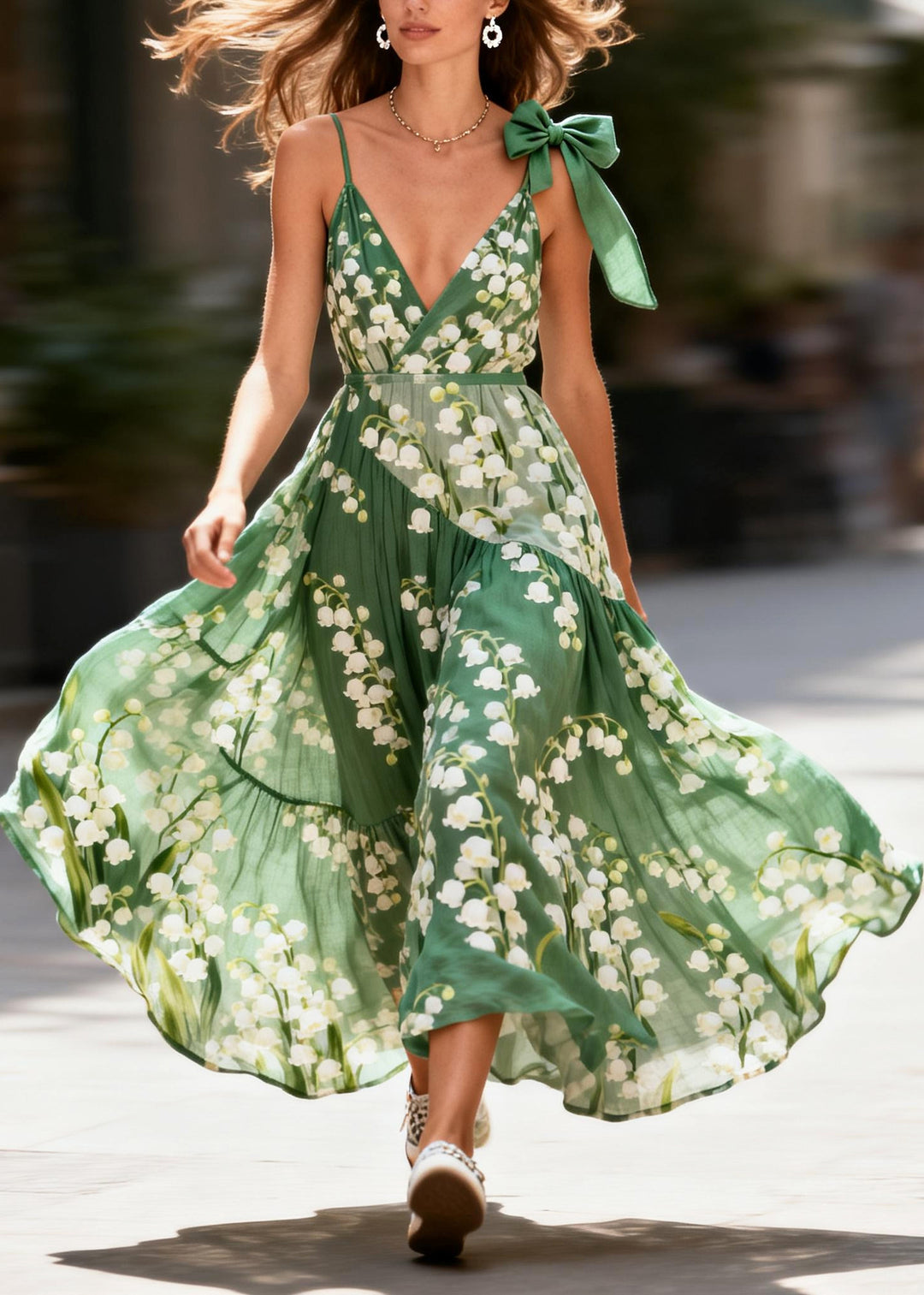 Fashion Green Print Exra Large Hem Cotton Cami Dress Summer