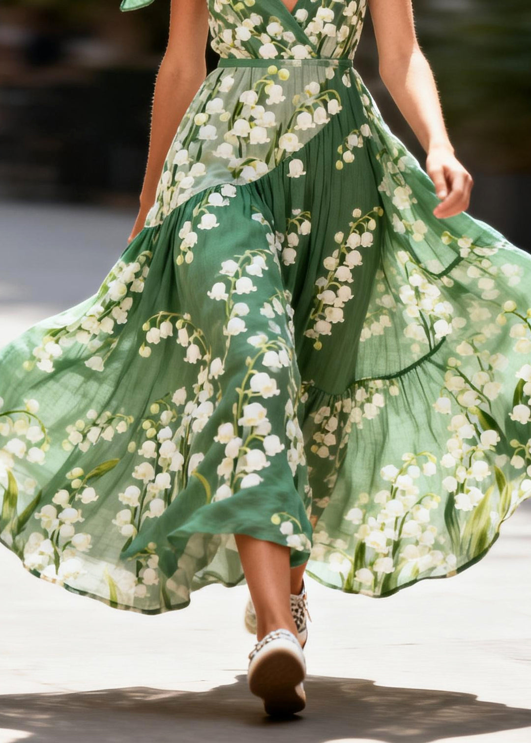 Fashion Green Print Exra Large Hem Cotton Cami Dress Summer