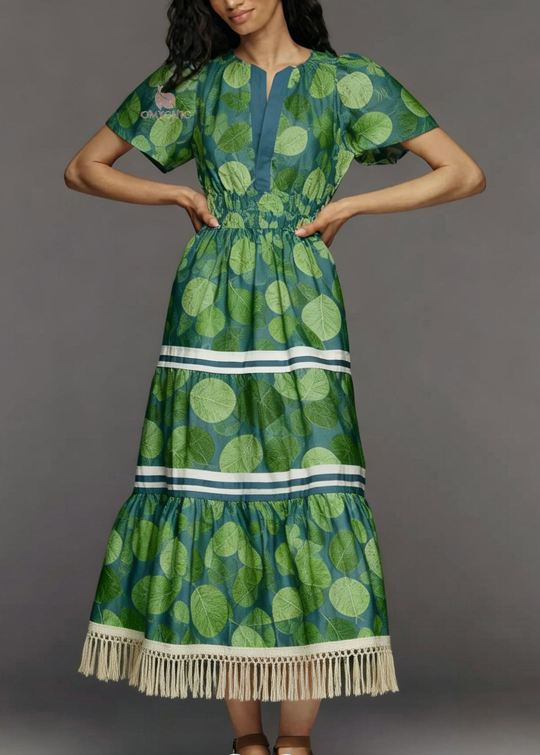 Fashion Green Print Tasseled Patchwork Cotton Dresses Summer