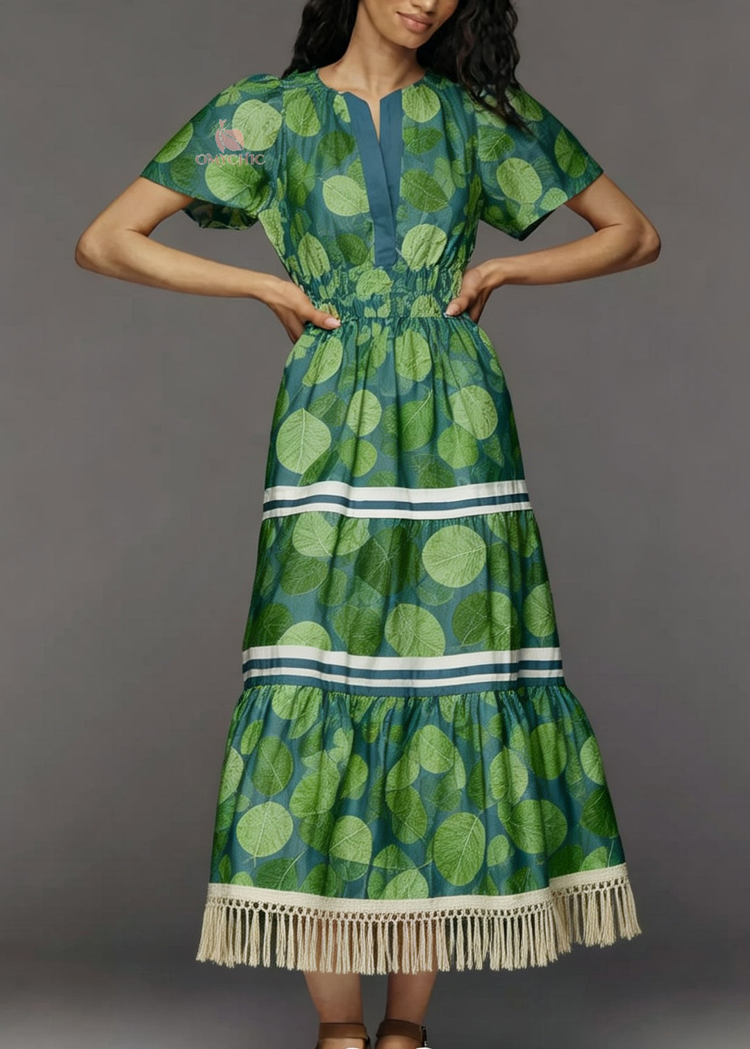 Fashion Green Print Tasseled Patchwork Cotton Dresses Summer