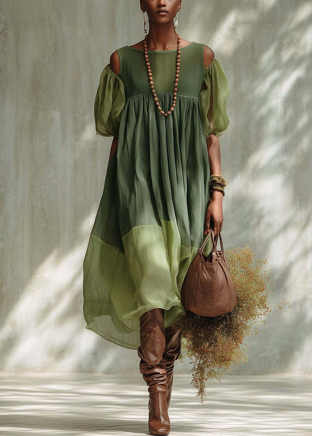 Fashion Green Puff Sleeve Patchwork Cotton Vacation Dress