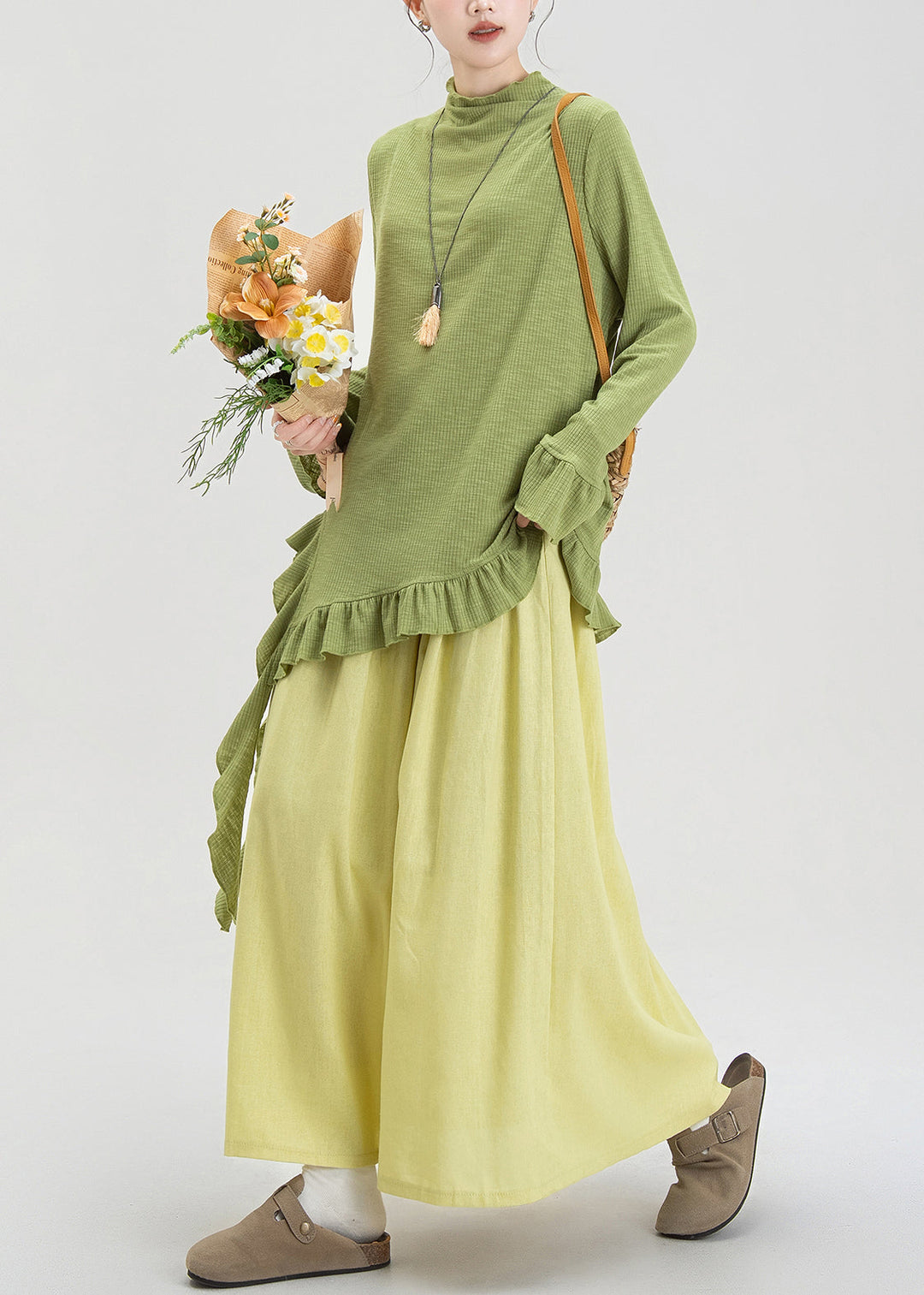 Fashion Green Ruffled Asymmetrical Cotton Two Piece Set Fall