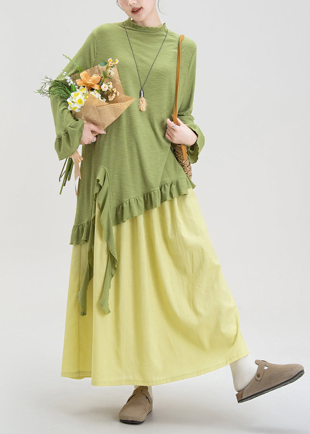 Fashion Green Ruffled Asymmetrical Cotton Two Piece Set Fall