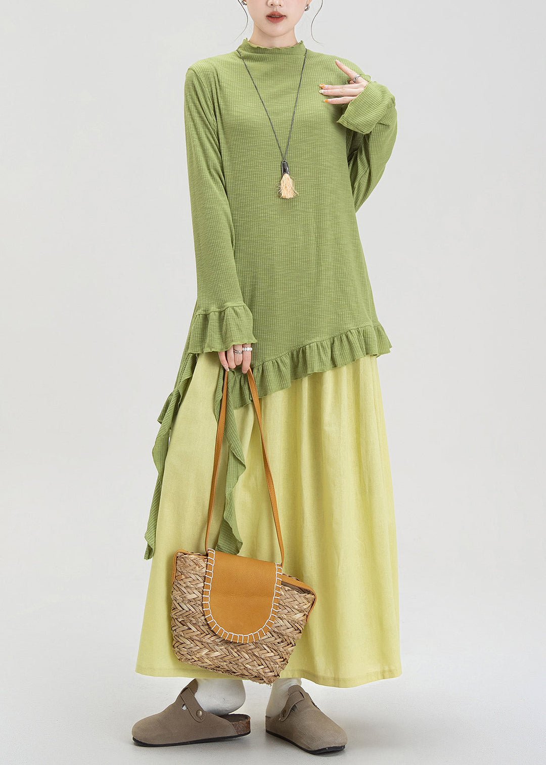 Fashion Green Ruffled Asymmetrical Cotton Two Piece Set Fall