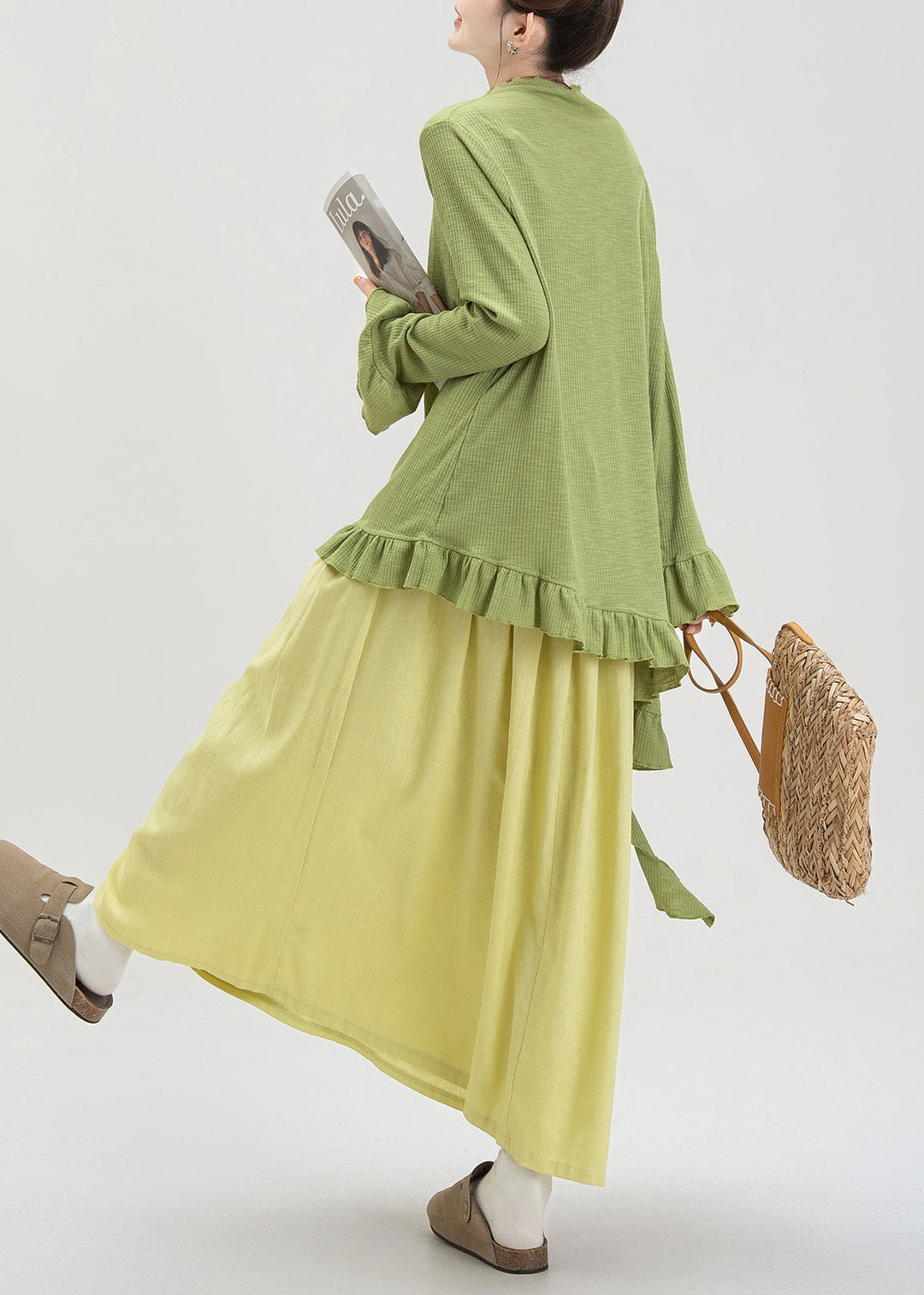 Fashion Green Ruffled Asymmetrical Cotton Two Piece Set Fall