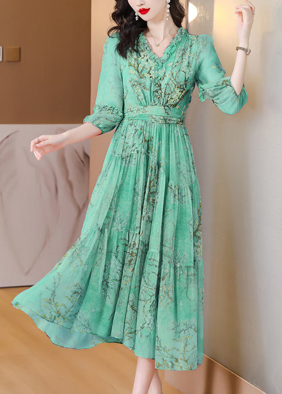 Fashion Green Ruffled Patchwork Print Silk Maxi Dress Summer