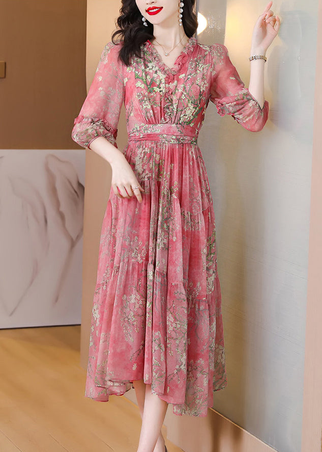 Fashion Green Ruffled Patchwork Print Silk Maxi Dress Summer