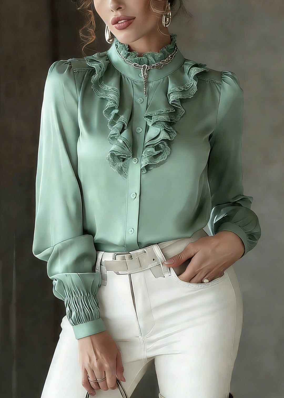 Fashion Green Ruffled Patchwork Silk Shirt Lantern Sleeve - Omychic