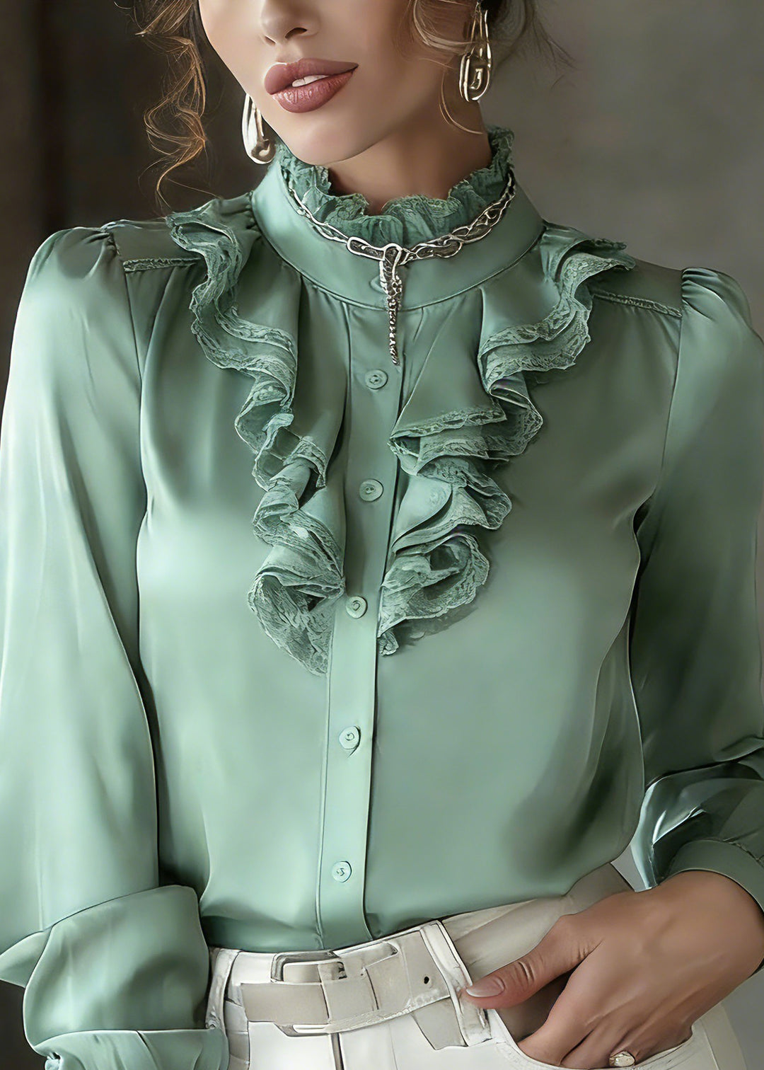 Fashion Green Ruffled Patchwork Silk Shirt Lantern Sleeve - Omychic