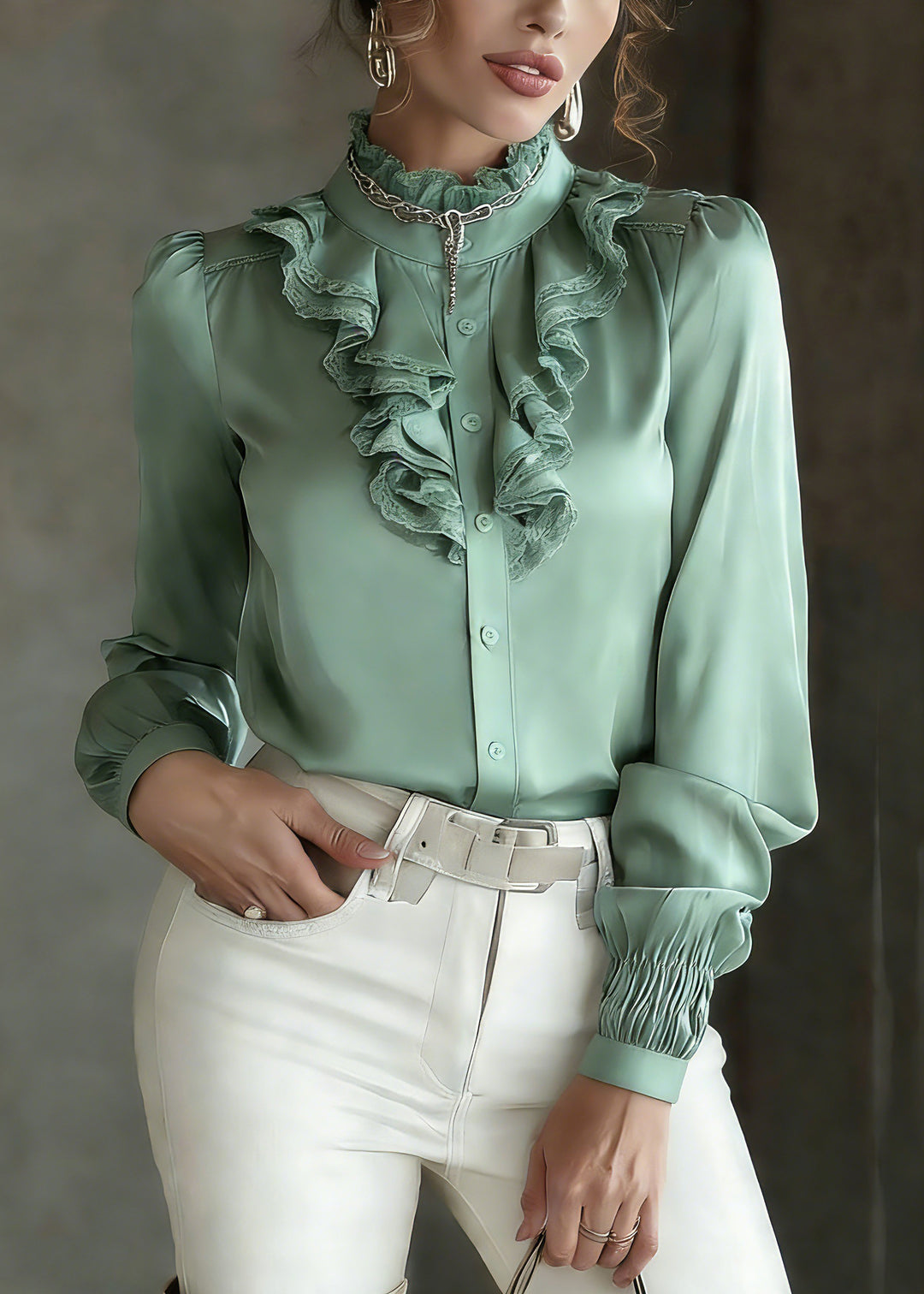 Fashion Green Ruffled Patchwork Silk Shirt Lantern Sleeve - Omychic
