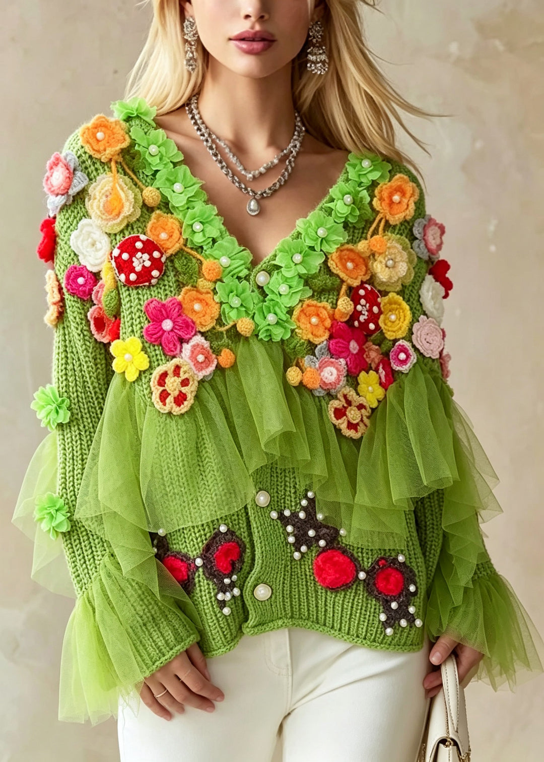 Fashion Green V Neck Floral Ruffled Patchwork Knit Coat Fall