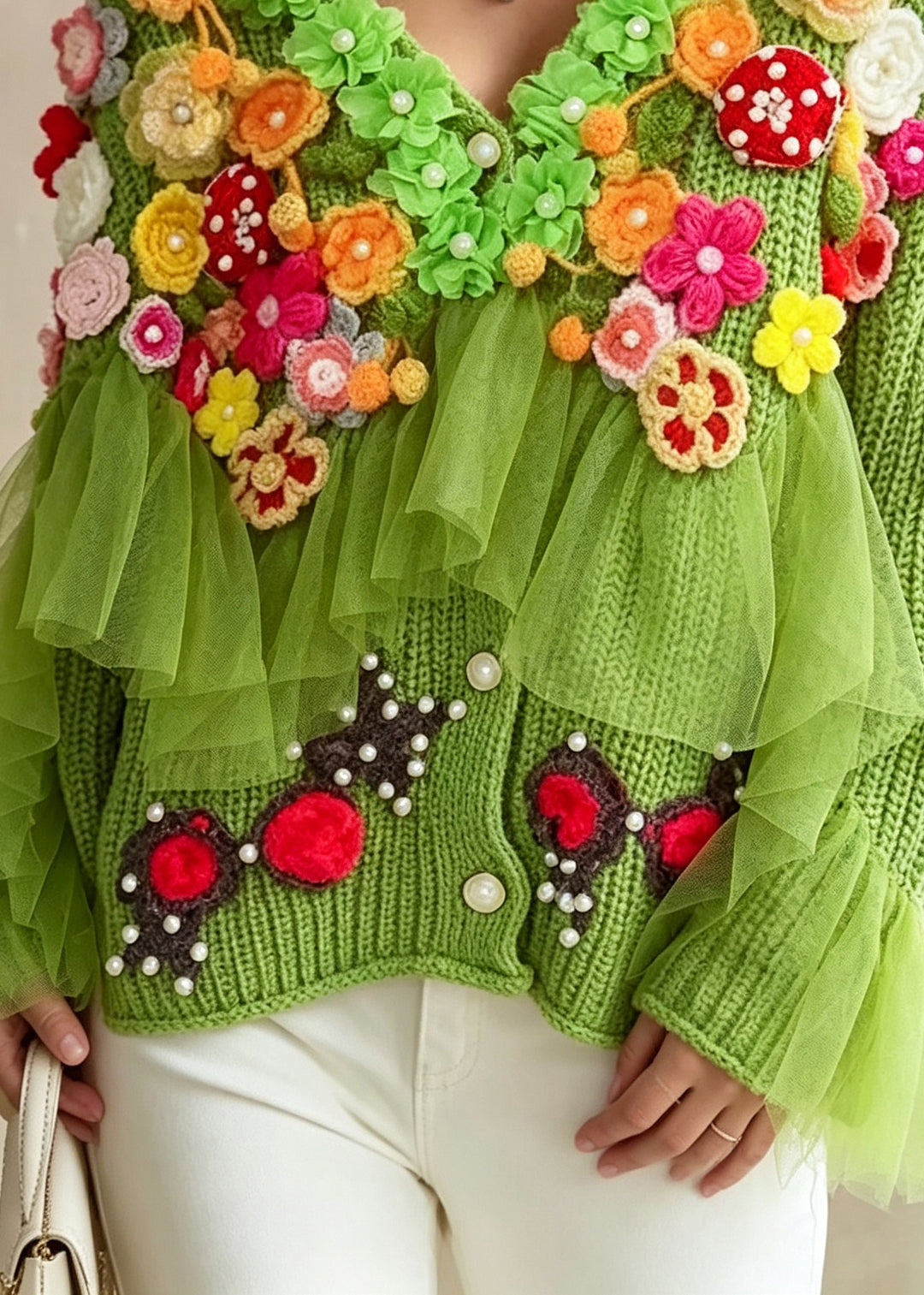 Fashion Green V Neck Floral Ruffled Patchwork Knit Coat Fall