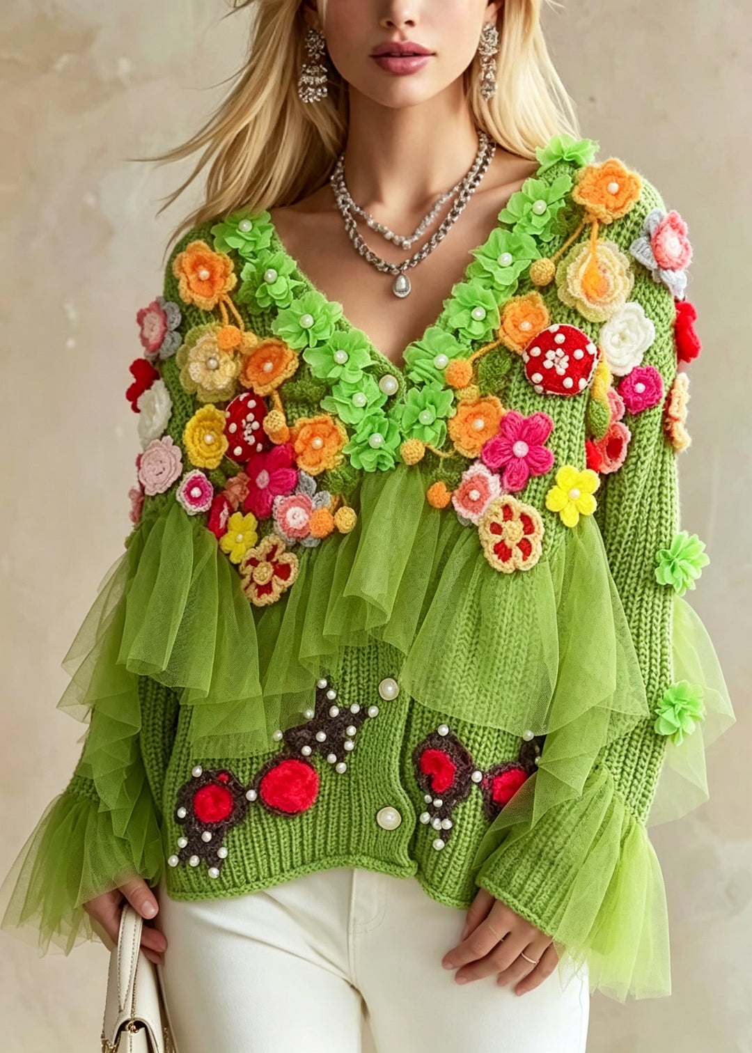 Fashion Green V Neck Floral Ruffled Patchwork Knit Coat Fall