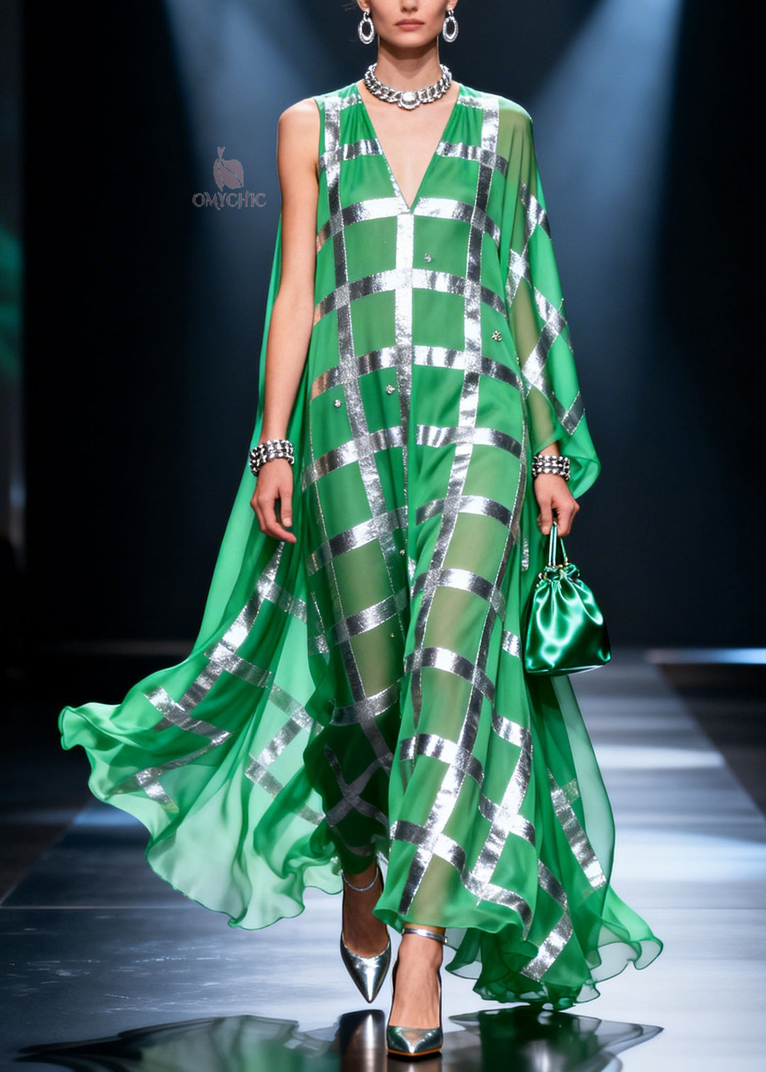 Fashion Green V Neck Print Chiffon Long Dress Summer
